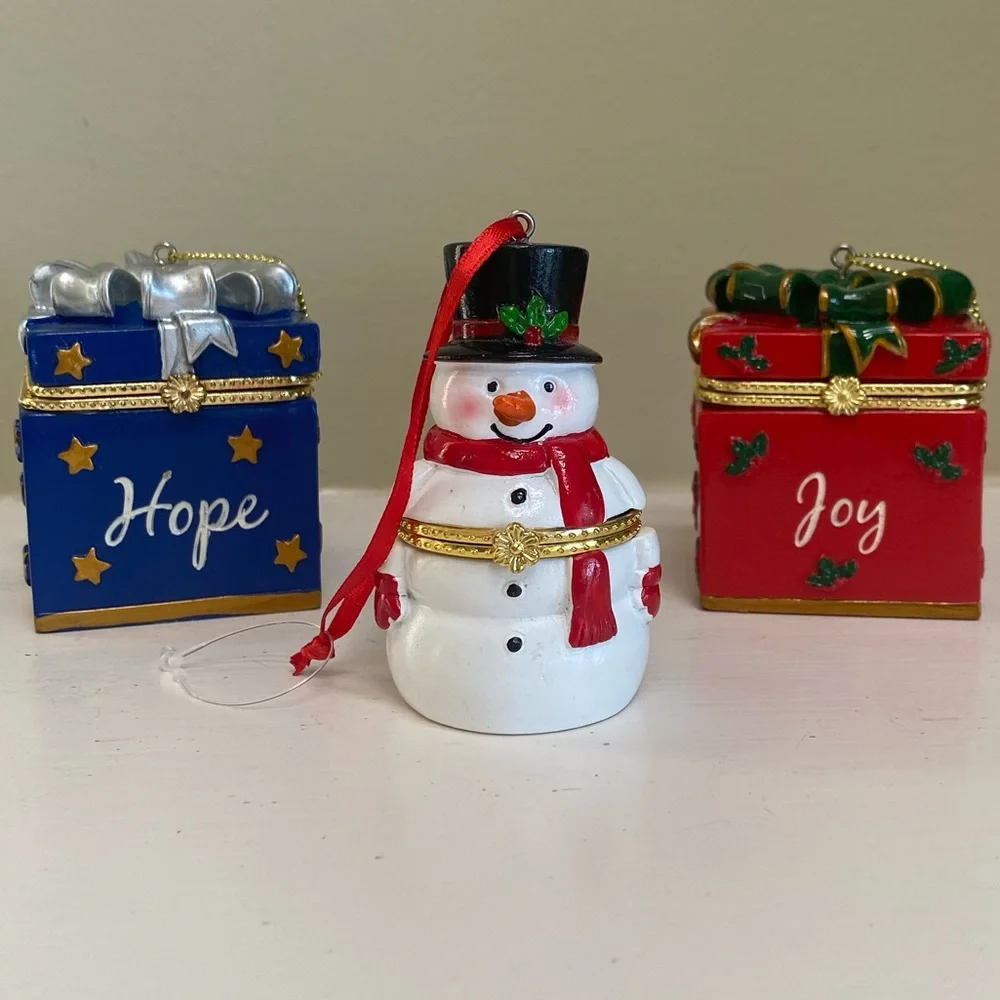 Christmas Ornaments Snowman Luxury Trinket Box Set Collectible Gold Jewel Tones